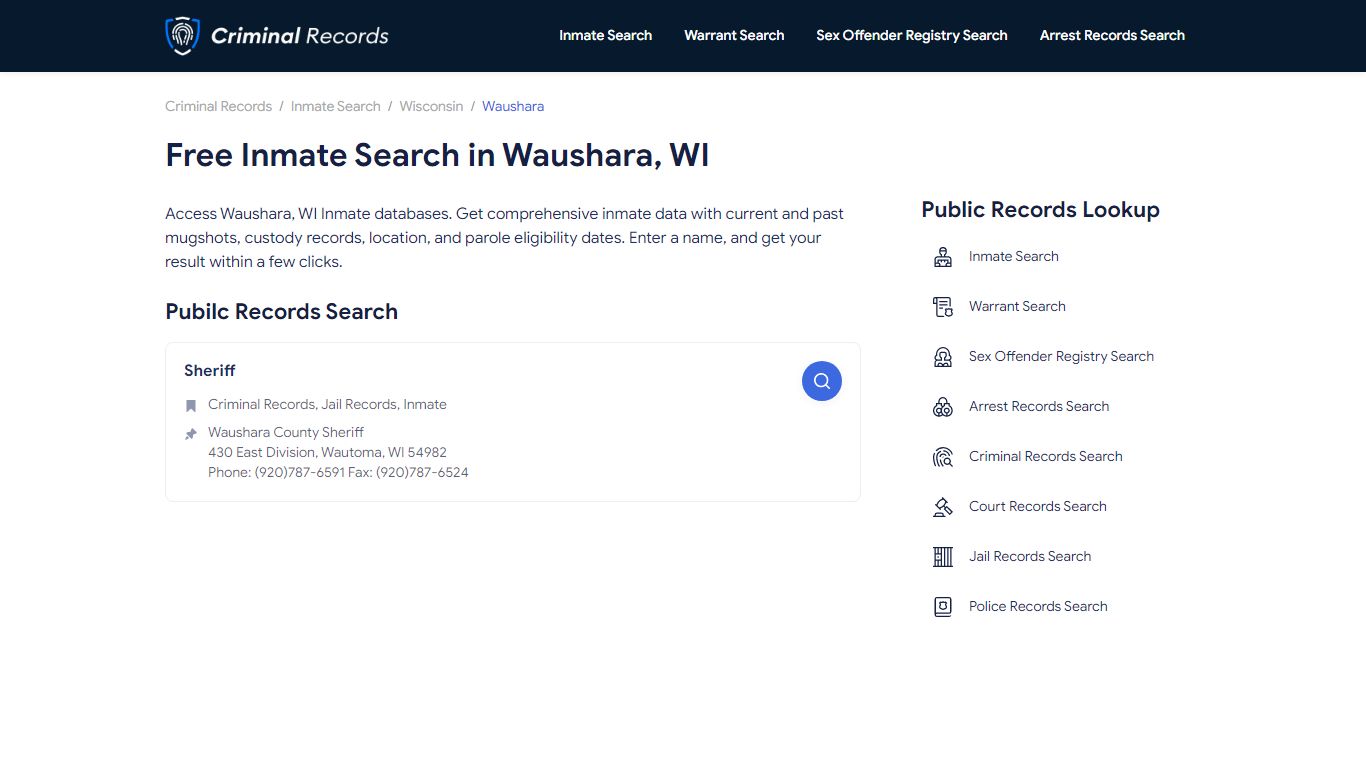 Free Inmate Search in Waushara County, WI